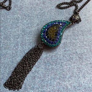 Long Blue Gem Metal Tassel Necklace